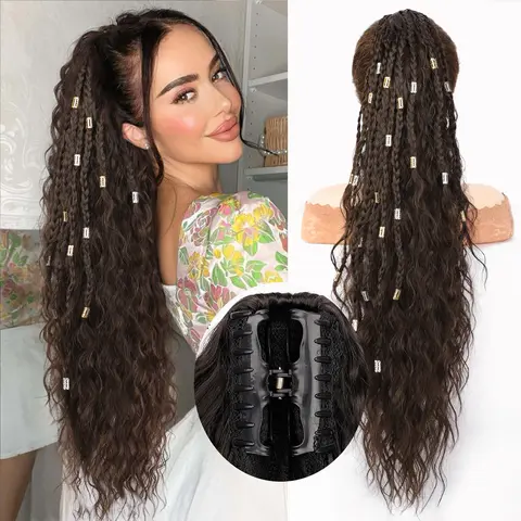 Women's 30in Softtouch Braided Curly Waves Clip-In Synthetic Hair Extension - High-Elastic Claw Grip, Fluffy Natural Look, Comfortable to Touch, Accessories Adults Female, Braids Hairstyles, Carnival, Clip-In Hair Solutions, for Ponytail Styling,sohochic