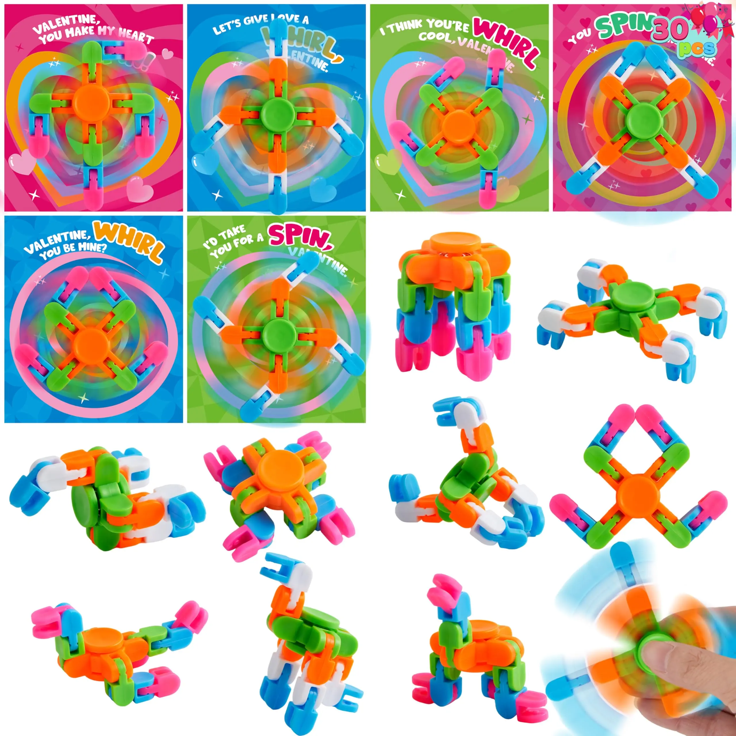 JOYIN 30 Packs Valentine's Day 6-Design Gift Cards with Fidgets Spinners, Deformable DIY Spinners Fingertip, Stress Relief Fidget Toys for Kids and Valentine's Party Favors, Classroom Gift Exchange