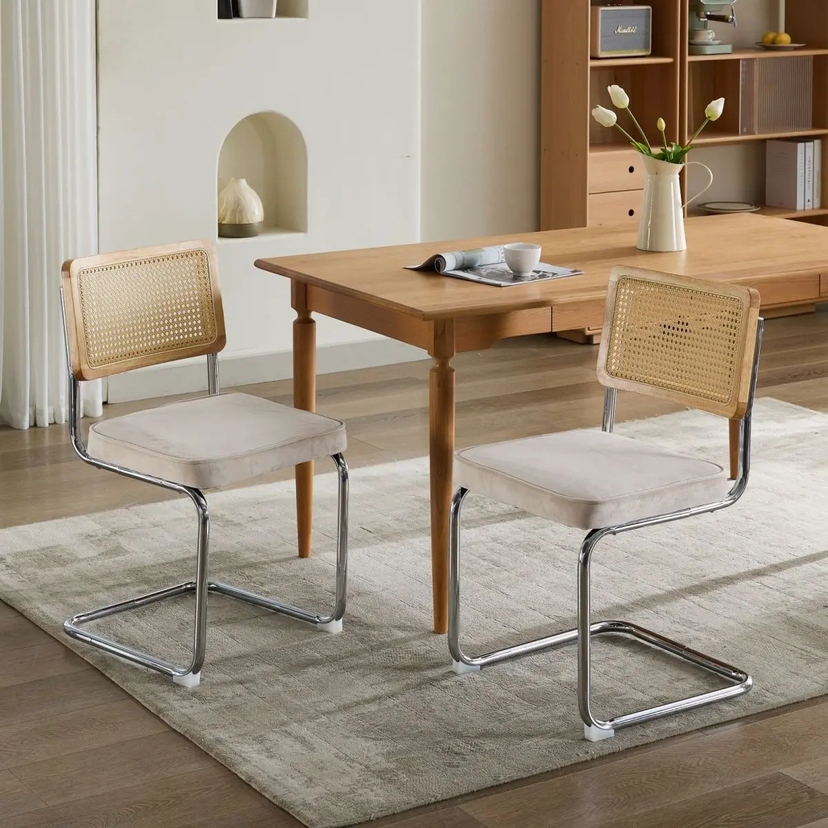 Modern Cantilever Accent Chair - Durable Dining Chair Alternative, Hand-Woven Rattan Back, Velvet Cushion, Thick Double Steel Pipe Frame, 360 LBS High Capacity, Flexible Spring Reclining for Living Room, Bedroom, Durable Dining Chairs