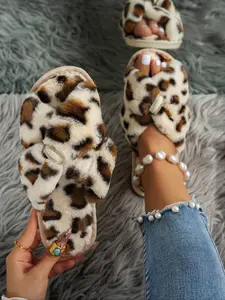 Women's Leopard Print Slippers, Autumn Winter Open Toe Rhinestone Comfortable Soft Sole, Casual Home Indoor Non-slip Cotton Shoes, House Slippers Warm Slippers, Footwear