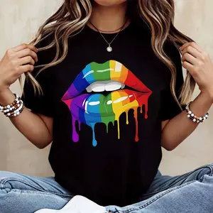 Rainbow Lips Print T Shirt White Casual Loose Fit For Everyday Wear And Sports Activities