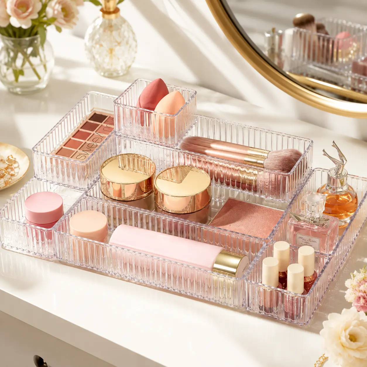 RaybeeFurniture 7-9 PCS Clear Drawer Organizers Bins, 4 Sizes Stackable Acrylic Makeup Drawer Organizer for Bathroom, Vanity, Kitchen, Office, Bedroom, Storage Trays for Cosmetics, Skincare, Jewelry, Gadgets, Home Organization, Must-Have for Small Spaces