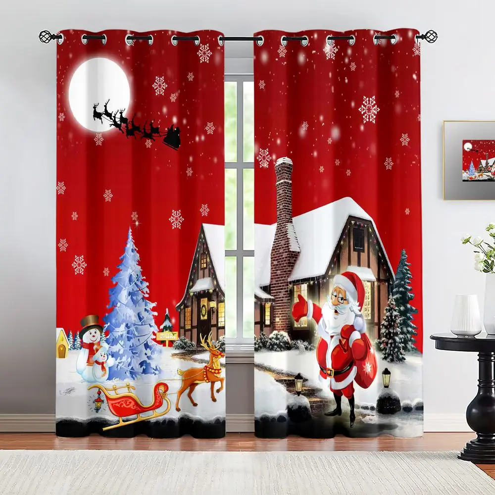 Vibrant Christmas Scene Curtains, Festive Holiday Snowman & Santa Claus Design, Red Sky & Snowy Charm, Perfect for Living Rooms & Bedrooms, 2-Pack, Light-Filtering & Machine Washable