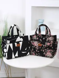 New Large Capacity Handbag, Tote Bag, Lunch Box Bag, Multi-Pocket Fabric Bag, Portable Retro Style, Suitable for Work School Shopping Daily Use, Reusable Lunch Bag