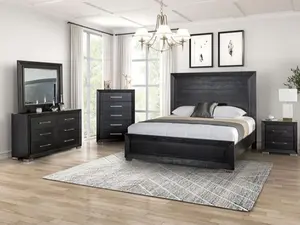 FM7415BK-4PC 4 pc Ashbourne black paneled finish wood LED headboard queen bedroom set