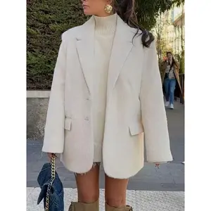 Women’s trendy cream fuzzy textured blazer coat, oversized lapel collar, single-breasted design—cozy winter outerwear for a chic casual office look, long top style