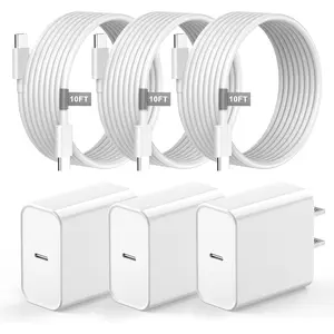 3 Pack 20W USB C Wall Charger Fast Charging with 10FT USB C to C Charging Cable for iPhone 16/16 Plus/16 Pro/16 Pro Max/15/15 Pro/15 Pro Max/15 Plus, iPad Pro