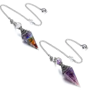 Vintage Style Colorful Crystal Pendulum, 2 Counts Gemstone Rainbow Crushed Stone Resin Spiritual Pendulum Accessory, Retro Natural Crystal Pendant for Home Office Dormitory School Car