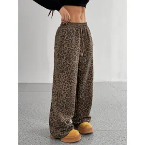 Chic Leopard Print Drawstring Straight-Leg Pants for Women - Casual, Non-Stretch Polyester Blend, Machine Washable - for Spring/Summer/FallGift（gift）