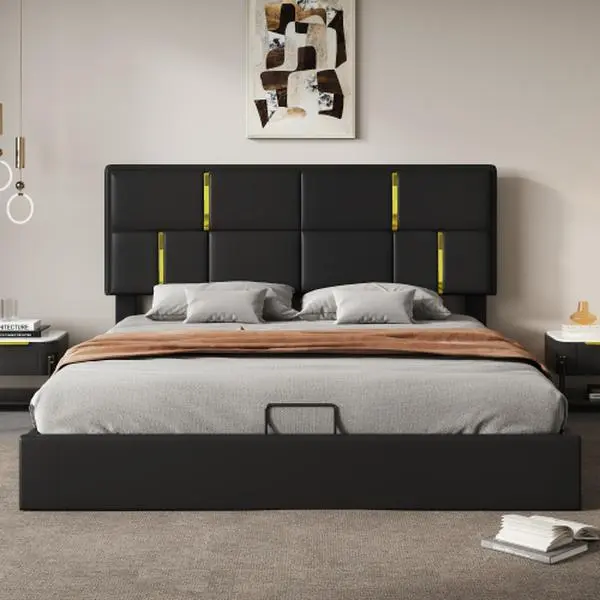 Bellemave Queen Size Upholstered Platform Bed with Hydraulic Lift Hidden Storage System - Gold Headboard Glow, 1-Box Assembly, No Box Spring Needed, Hides Sheets Below