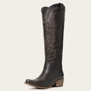Western Style Knee High Cowgirl Boots with Embroidered Design for Women Side Zipper Snip Toe Comfortable Western Style