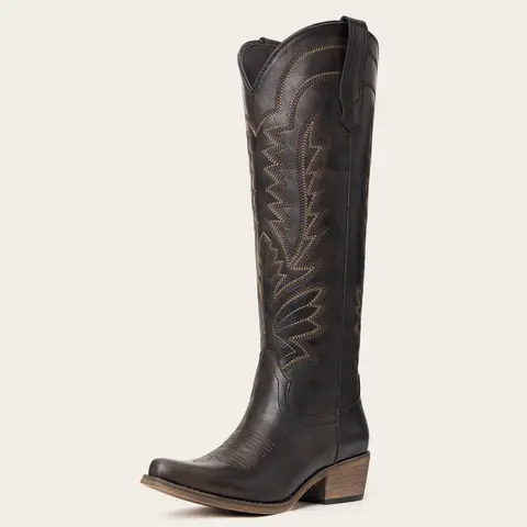 REDTOP Women's Western-Style Knee-High Cowgirl Boots - Footwear with Embroidered Geometric Design, Beads, Fabric Upper, Side Zipper, Snip Toe, Block Heel, Rubber Sole, Casual Cowgirl and Outlaw Style, Comfortable Shoes for Women,outdoorfun