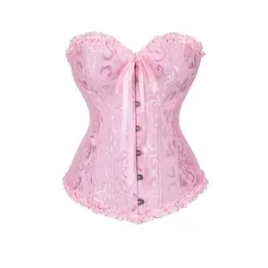 Women Plus Size Vintage Overbust Corset Pink Black Lace Up Boned Bustier