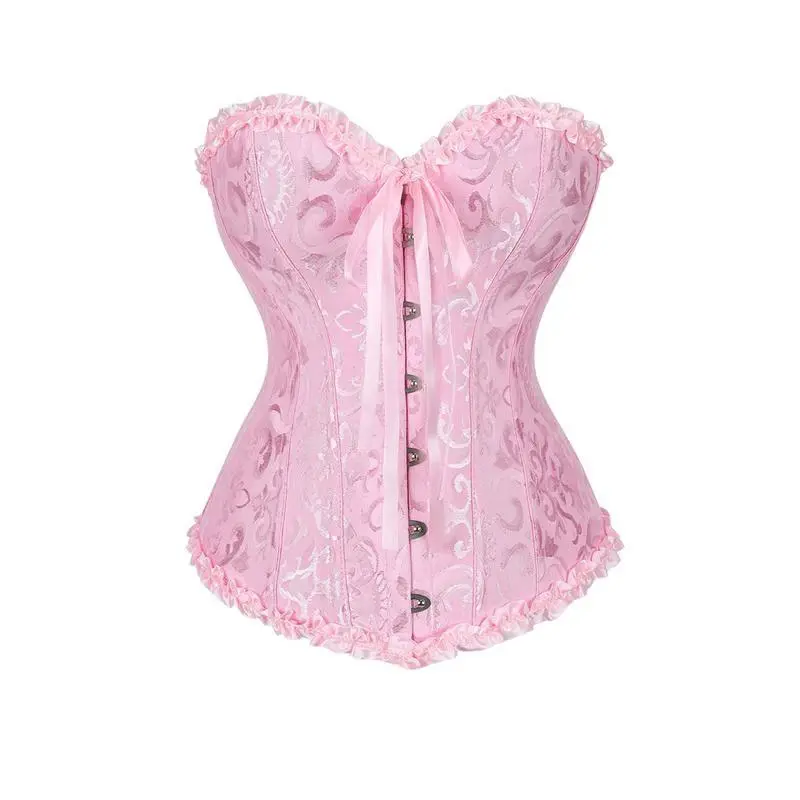 Women Plus Size Vintage Overbust Corset Pink Black Lace Up Boned Bustier