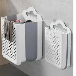 Contemporary Wall-Mounted Laundry Basket Made of Plastic Foldable Design with Cut-Out for Easy Storage of Clothes Perfect for Laundry Rooms