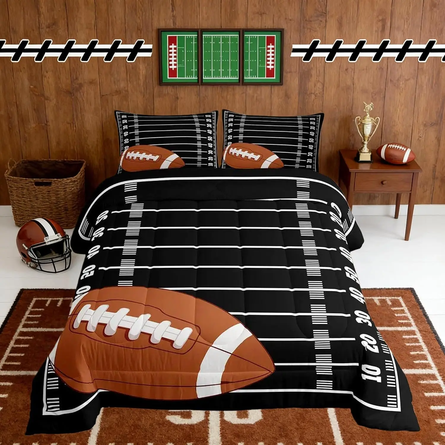 Football Comforter Set Black White Bedding Set Rugby Sports Duvet Quilt Bedroom Gift for Football Lover Decor Microfiber Ultra Soft Breathable