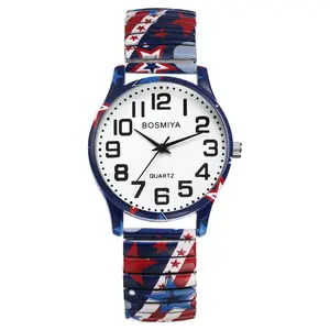 OIDEA Women's American Flag Expansion Band Watch - USA Patriotic Easy Reader Large Numerals Quartz Drive Analog Wrist Watch with Stretch Stainless Steel Band, 4th of July Gift