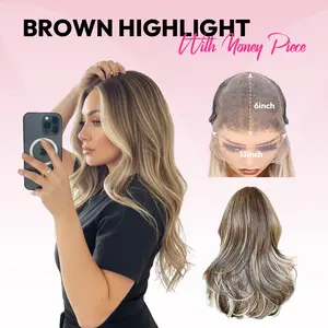 VSIGN Ombre Blonde Brown Balayage Wavy 13*6 HD Lace Front Wig Hand Tied Pre Plucked Hairline Pre Layered for Women Natural Looking Synthetic Heat Resistant Fiber for Daily Party Skunk Strip Money Piece Highlight Low Density Gift [Shannon]
