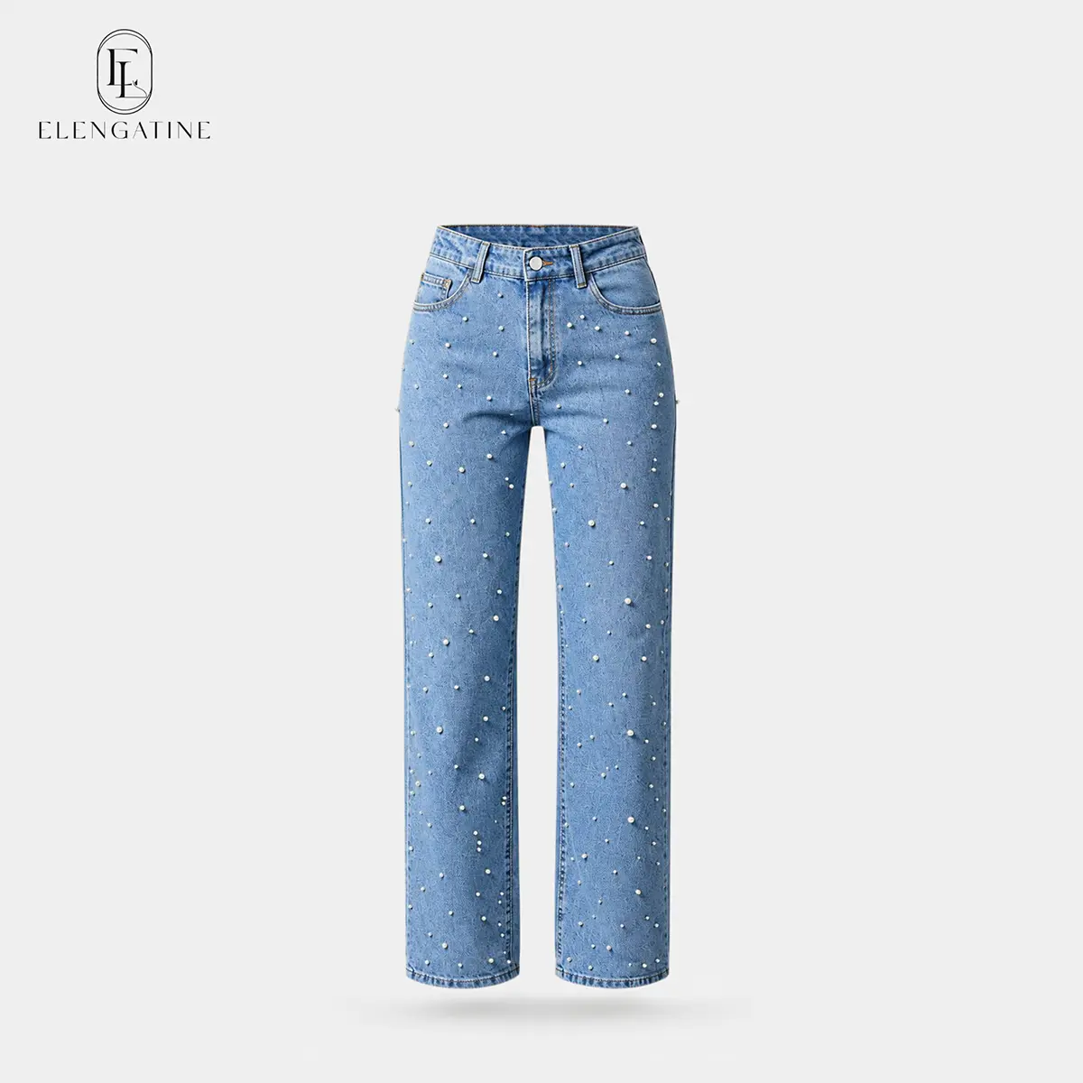 Elengatine Women's Pearl-Embellished Denim Jeans - High-Waisted Straight-Leg Cotton-Polyester Piece, Fashion Everyday Casual Going-Out Streetwear with Coquette Aesthetic, Bottom