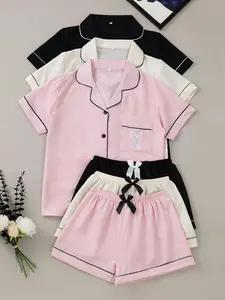 Women's Heart Embroidery Short Sleeve Top & Shorts Pyjama Set, Casual Comfy Pj Set for Women, Women's Sleepwear & for All Seasons, Pajama Set, Sleepwear Pajamas Set