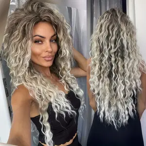 28-inch long graduated curly wig - Natural-looking gray-gold to brown gradient, dark roots, voluminous waves, suitable for ladies, perfect for 80s parties, Halloween or daily styles, wig