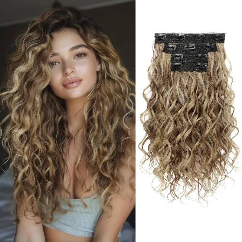 Curly Hair Extensions, 4PCS 16 inch Clip in Hair Extensions Lace Weft Short Curly Hair Extension Clip Ins Invisible Natural Hairpieces for Women, Light Bro