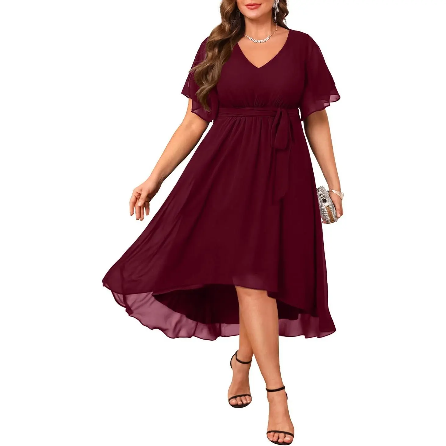 Women's Plus Size Chiffon Wedding Guest Dress - Formal, Semi-Formal, Cocktail, Prom Style, V-Neck, Short Sleeve, High Low, High Waist for Curvy Brides