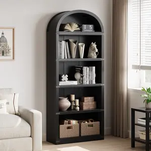 Arched 5-Shelf Bookcase with Doors – Tall Wooden Display Cabinet – Modern Farmhouse Storage – For Home Office, Living Room, Library