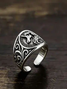 Men's Viking Unicorn Totem Statement Ring, Silver Color Open Design, Nordic Mythology Inspired Accessory, Perfect for Motorcycle Parties