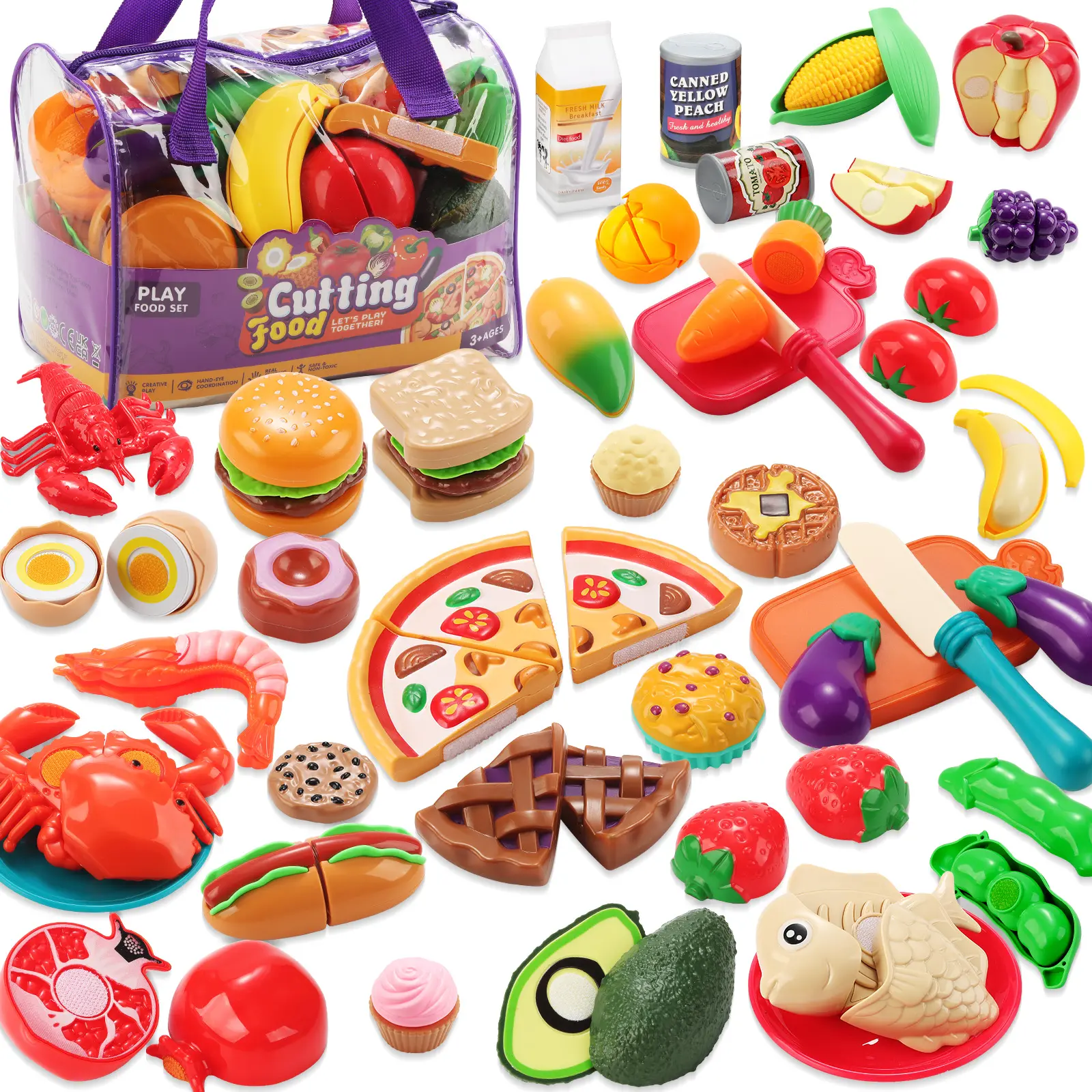 Play Kitchen Food toy Set  96PCS Realistic Cutting Toy with Storage Bag Fun Pretend Play Accessories for Boys Girls Perfect  Gift Kids Pretend Play Play Food Sets Toddler Cooking Playset Montessori Kitchen Multi Activity Playset
