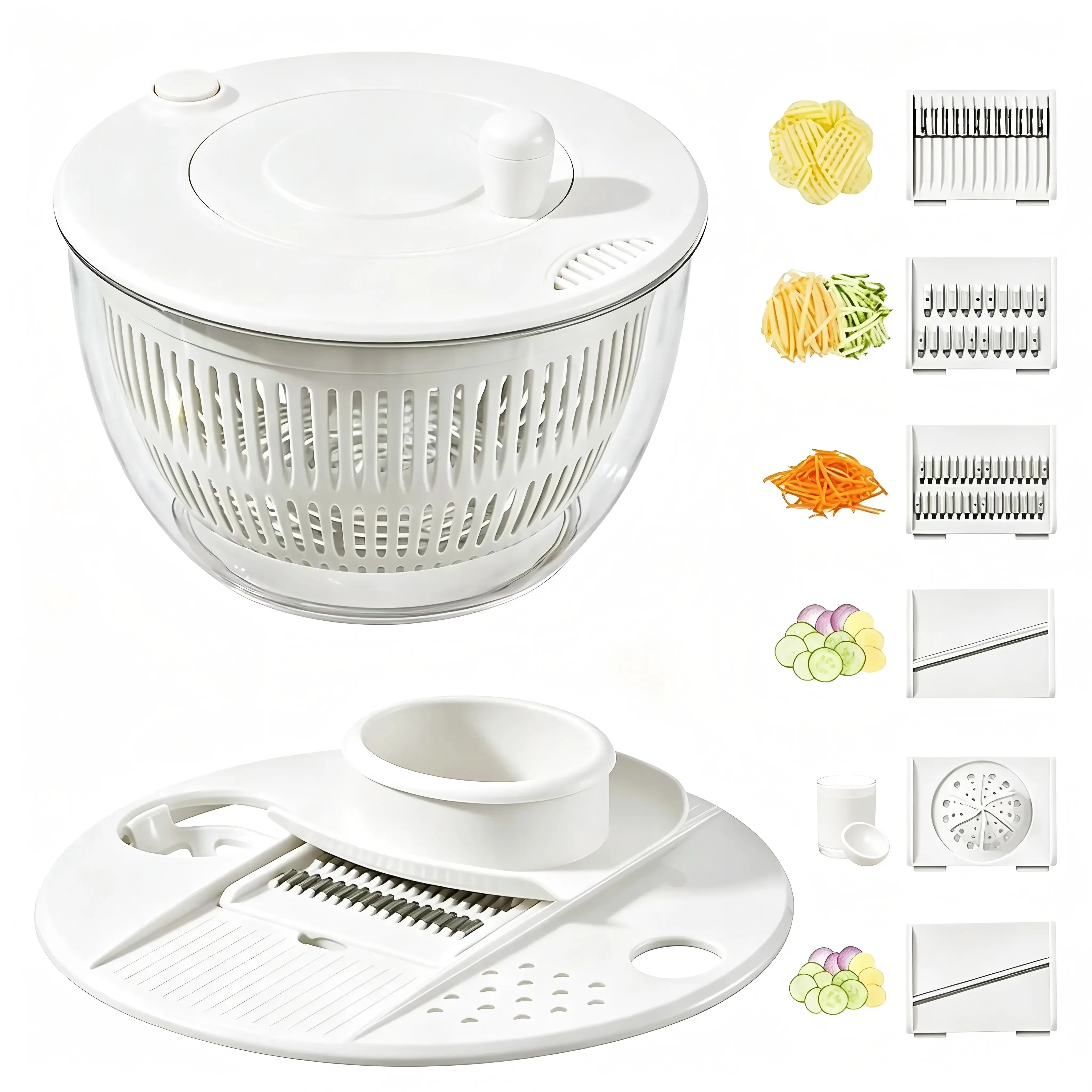 Salad Spinner Large, 3 IN 1 Vegetable and Fruit Washing Bowl with Strainer, Lettuce Spinner with 5 Blades Slicer, Egg Yolk Strainer, Salad Bowl for Efficient Salad Preparation, 5.3 Qt Kitchen Gadgets Set#SummerWins#DFYD#weeklydeals#BacktoSchool