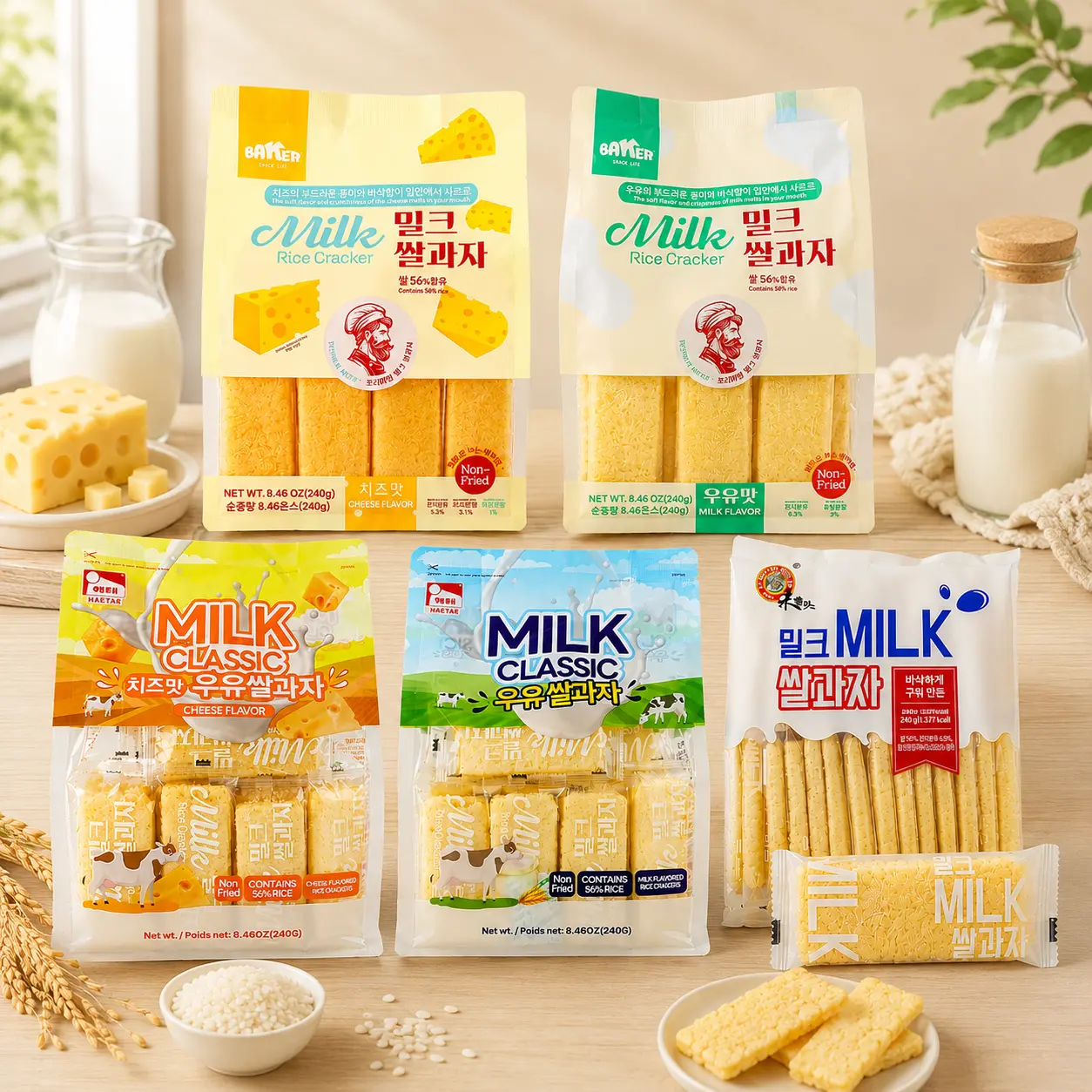 Milk Flavor Rice Crackers, 8.5 oz (240g),Non-Fried & Oven Baked Healthy Snacks, 24 Individual Packs,Asian Crispy Rice Biscuits,Crunchy Milk Biscuits for Kids & Adults - available in 1/2 packs