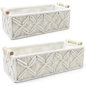 Boho Decor Style Woven Storage Boxes Set of 2 Cotton Lined Rattan Baskets house organizers boyfriend basket room organization products