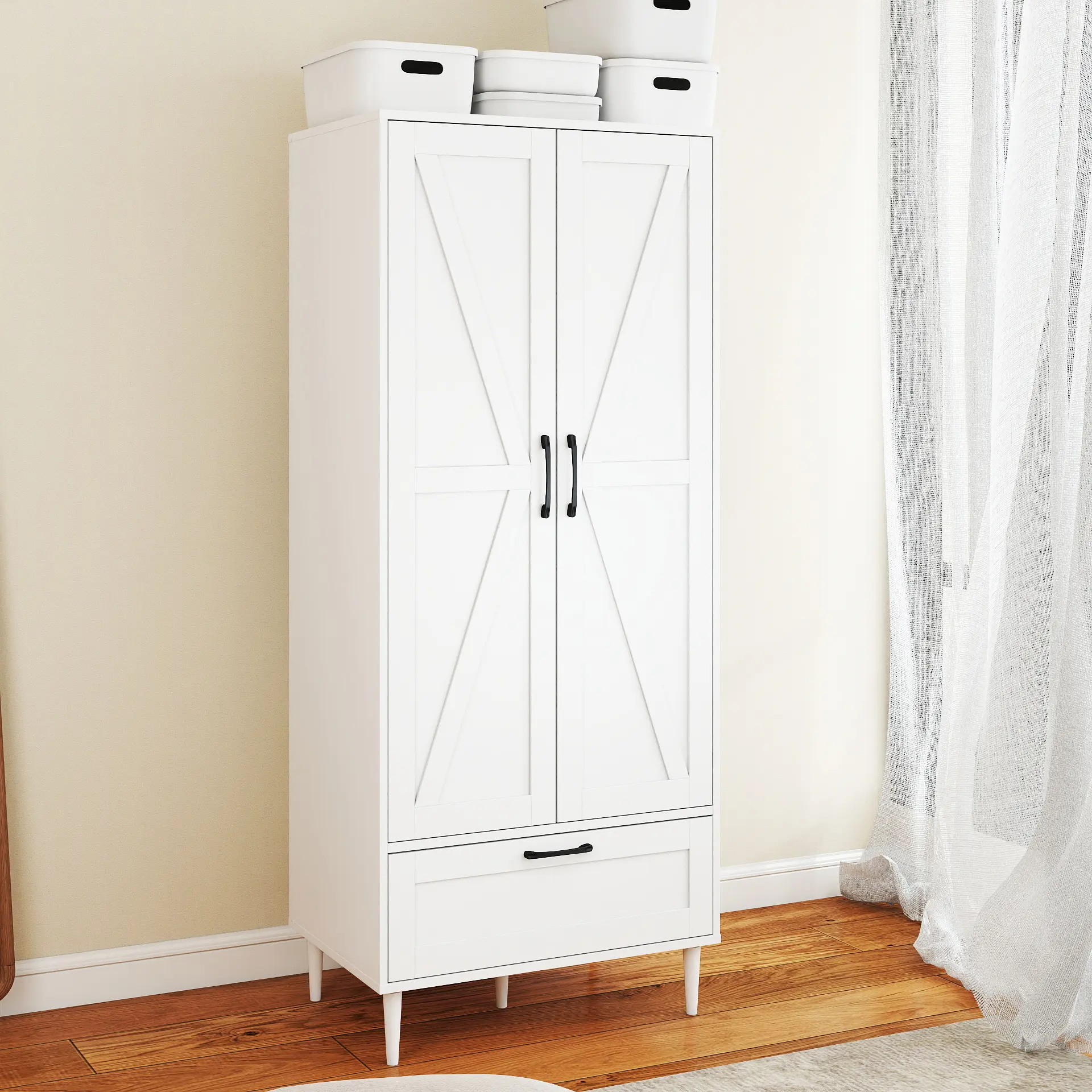 Freestanding Wooden Wardrobe Armoire Closet - 2 Doors, Hanging Rod, 1 Drawer, 27.5x18.1x59.4" Indoor Furniture for Bedroom