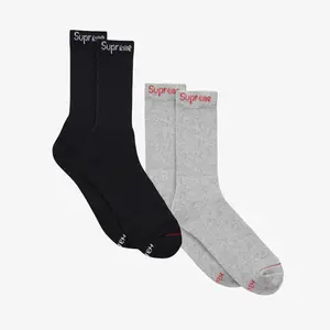 Supreme x Hanes Cushion Crew Socks (1 Single Pair of Each Socks) Black and Heather Grey - Comfortable Comfy Cozy Cotton Unisex for Mens Womens GS Kids Young Junior Holiday Christmas Gift Stocking Stuffer