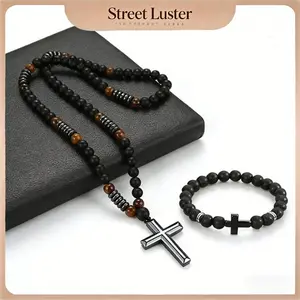 8mm Black Obsidian Tiger-eye Beaded Necklace&bracelet with Hematite Cross Pendant for Men Natural Stone Africa Turquoise and Tiger-eye Beads Cross Pendant