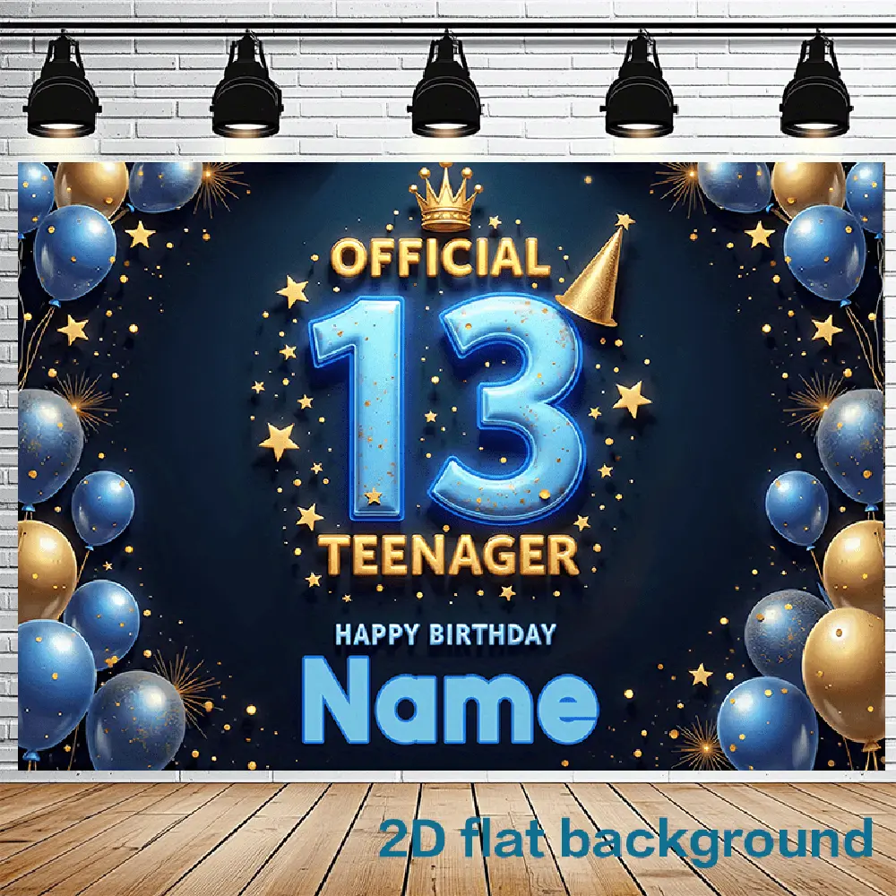 1PC 2D Flat Personalized 13th Birthday Backdrop - Official Teenager Theme, Blue Gold Balloons, Star Crown, Reusable Polyester Cloth, Custom Name Background, Boys' Party Decoration Banner & Photo Booth Prop