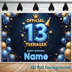1PC,2D Flat Personalized 13th Birthday Backdrop Official Teenager Theme Blue Gold Balloons Star Crown Background Cloth Custom Name Party Decoration Banner Photo Booth Prop for Boy