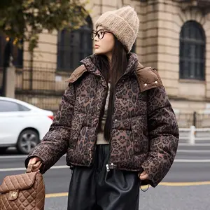 2025 Winter Women's Leopard Print Puffer Jacket Short Thick Loose Down Cotton Coat Warm Cotton Outerwear