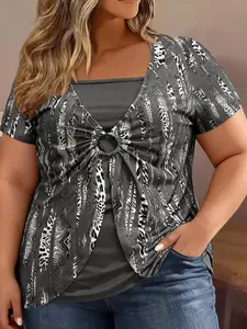 Plus Size Printed Leopard Pattern Square Neck Tee, Boho Casual Loose Short Sleeve Knit T-Shirt for Summer, Women's Plus Clothing for Daily Wear