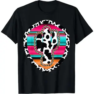 100% Cotton Western Cow Cactus Leopard Cheetha Serape Turquoise pink T-Shirt