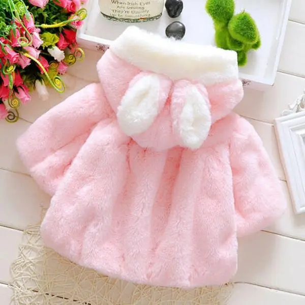 Baby Girls' Cozy Faux Fur Fleece Coat - 12-18m Toddler & Infant Winter Clothing, 29-36 cm Bunny Ear Hood, Pearl Buttons, Bow Detail, Faux Fur Coat, Perfect Gift, Cute, Long Sleeve, Hooded, Special Occasions, Bunny Design Baby Girls Jackets & Coats