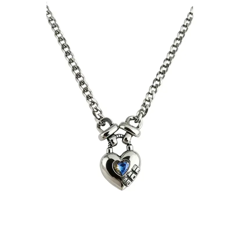 Romantic Lock Pendant Necklace with Silver Metal Coating Chain, Blue Gemstone, Elegant Costume Jewelry for Daily Wear, Anniversary Gifts