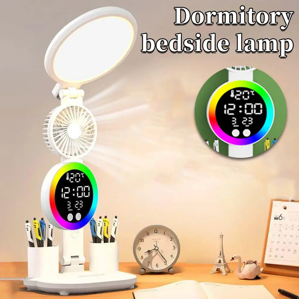Multifunctional Foldable LED Desk Lamp - Built-in Cooling Fan, Digital Clock, Temperature Show, 3 Color Modes, Stepless Dimming, Eye-Caring Design, Pen Holder, Compact LED Light for Indoor Use