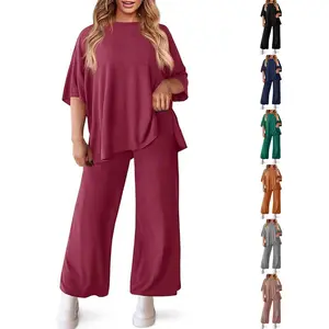 【XL-5XL】Imily Bela Curve Womens Plus Size Lounge Sets Short Sleeve Tops Wide Leg Pants 2 Piece Outfits Tracksuit with Pockets