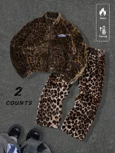 Unisex Y2K Style Fleece Jacket, Full Body Leopard Print & Letter Badge, Fall Winter Warm Coat, Streetwear, High Street Culture, Men's Gift
