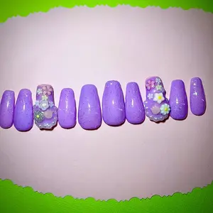 Real Handmade acrylic Nails - Removable Purple Color with Floral Design, Art for Women, Elegant and Trendy nail