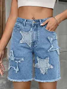 Blue Star Pattern Back Pocket Rolled Hem Button Jeans Shorts, Casual Street Style Women's Denim Shorts, Perfect for Outdoor Wear, Streetwear