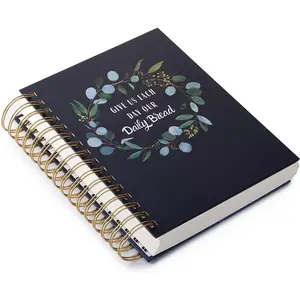 Christian Planner Daily Bible Journal 365 Pages Prayer Reflection Encouragement Floral Wreath Navy Blue Hardcover Spiral Bound 8.5 x 6.5 Inch Gift for Christians Devotional Notebook