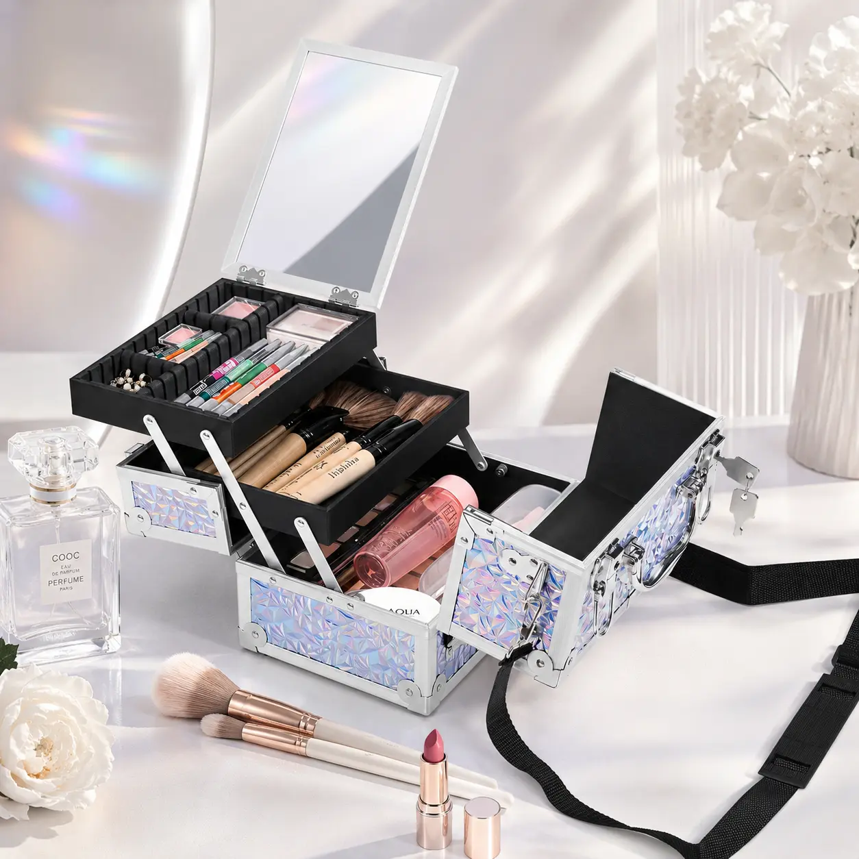 Costoffs Makeup Train Case with Mirror – Portable Travel Makeup Bag, Cosmetic Organizer with 2 Trays and Adjustable Dividers, Makeup Bags